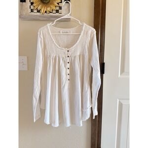 We The Free Women's L Sand Dune Henley Top Muslin Gauzy Raw Hem Beachy Lagenlook